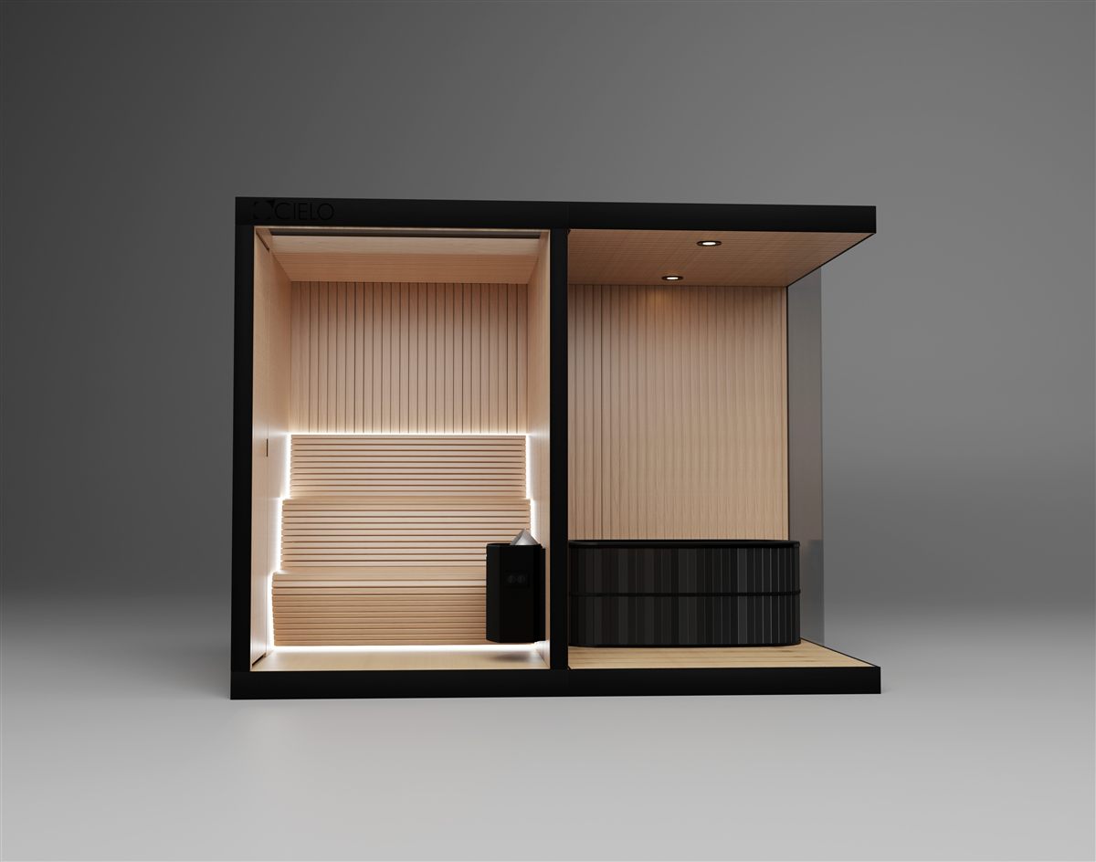 Cielo sauna built with low-maintenance clear cedar and insulated glass